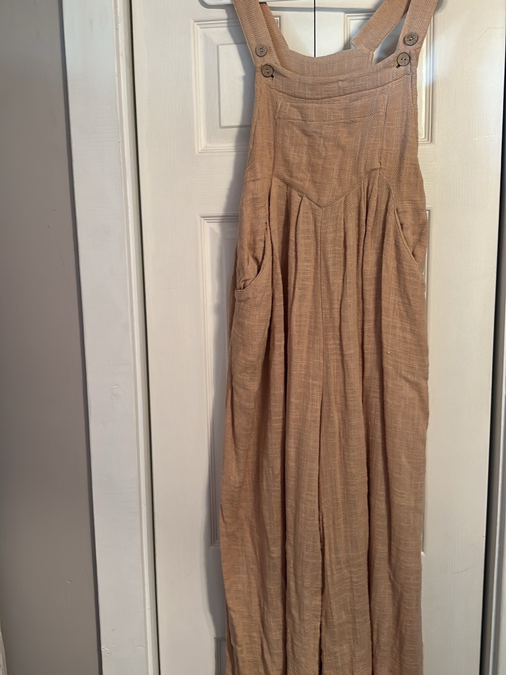 Free People Linen-Blend Tan Pinafore Jumpsuit